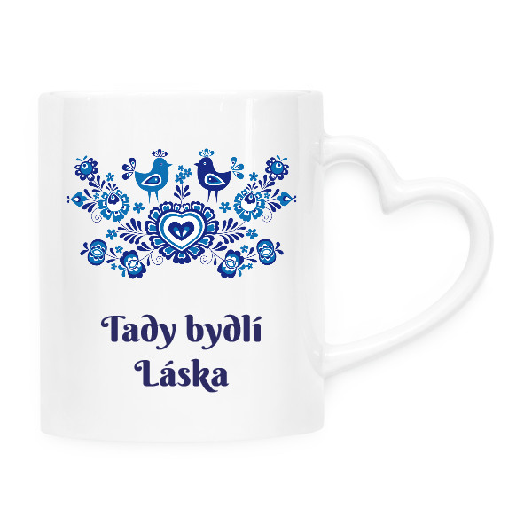 Hrnek srdce s potiskem Hrníček Tady bydlí Láska